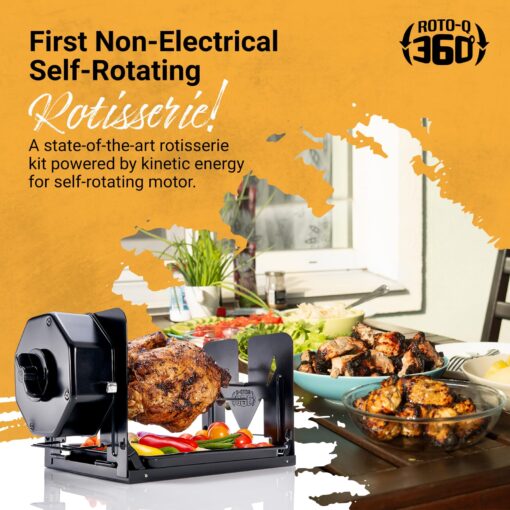 ROTO-Q 360 Family Bundle Rotisserie Kit - Non-Electric Wind-Up Spit Roaster with Rotisserie Basket, Flat Cage, Skewer Set, and Cooking Mat for Grills, Ovens, and Smokers - Indoor & Outdoor BBQ Use - Image 8