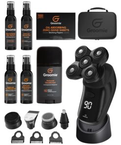 Groomie Mens Grooming Bundle - BaldiePro Electric Head Shaver for Bald Men Includes Travel Case, Charging Dock & Accessory Kit - Deodorant, Scalp & Face Serum, Shave Gel, Aftershave, Pre-Shave Oil