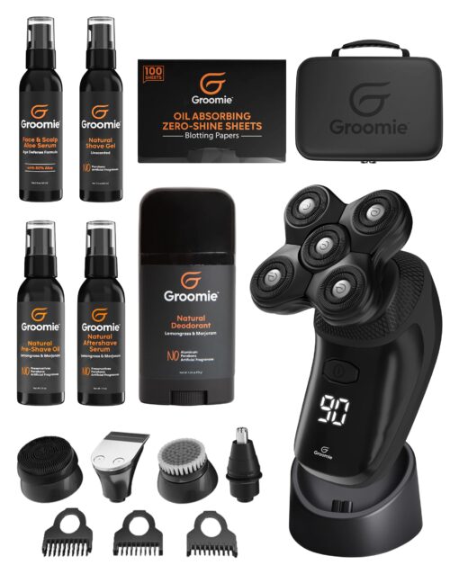 Groomie Mens Grooming Bundle - BaldiePro Electric Head Shaver for Bald Men Includes Travel Case, Charging Dock & Accessory Kit - Deodorant, Scalp & Face Serum, Shave Gel, Aftershave, Pre-Shave Oil