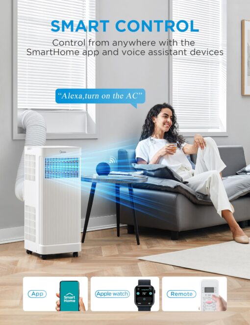 Midea 10,000 BTU ASHRAE (7,100 BTU SACC) Portable Air Conditioner, Smart Control, Cools up to 300 Sq. Ft., with Dehumidifier & Fan mode, Easy- to-use Remote Control & Window Installation Kit Included - Image 8