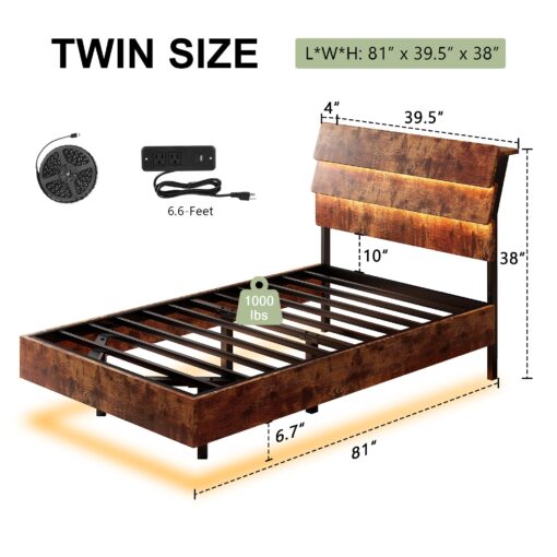 Feonase Twin Floating Bed Frame with Led Lights and Charging Station, Wood Twin Size Bed Frame with Storage Headboard, Heavy Duty Metal Slats, No Box Spring Needed, Easy Assembly, Vintage Brown - Image 8