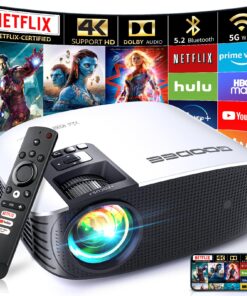 GooDee Smart 4K Projector with 5G WIFI and Bluetooth, Netflix/Amazn Prime Video Certified, Dolby Audio, 800ANSI Outdoor Projector, 400" Zoom Home Theater Projector Compatible with TV Stick,iOS,Android