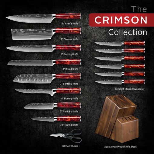 SENKEN 16-Piece Natural Acacia Wood Kitchen Knife Block Set - Japanese Chef's Knife Set with Laser Damascus Pattern, Includes Steak Knives, Kitchen Shears, Santoku, Cleaver & More (Red Resin Handles) - Image 8