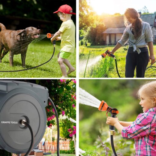 Giraffe Tools AW505/8 Retractable Garden Hose Reel 5/8" x 115+5 ft, Heavy Duty Wall Mounted Water Hose Reel Automatic Rewind, 180 Deg Swivel Bracket, Slow Retraction, 115ft, Dark Grey - Image 2