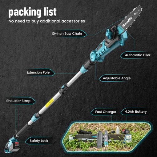 Seesii 10 Inch & 8 Inch Electric Pole Saws for Tree Trimming, Cordless Pole Chainsaw with Extendable Rod (Up to 9.2ft), Auto Oiler, 4000mAh Battery Powered Tree Pruner for Bush & Branch Cutting - Image 3