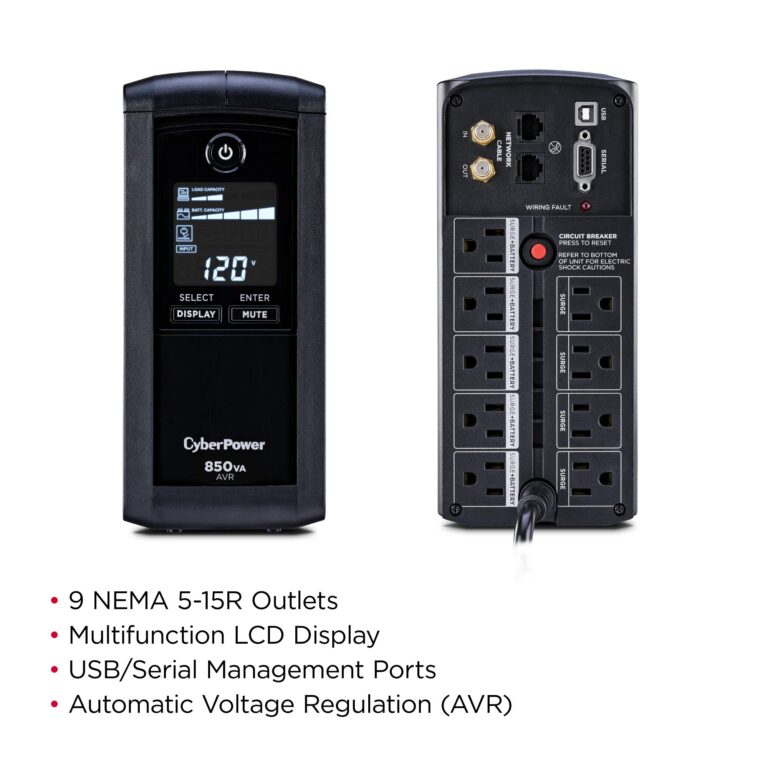 CyberPower CP850AVRLCD Intelligent LCD UPS System, 850VA/510W, 9 Outlets, AVR, Mini-Tower - Image 4
