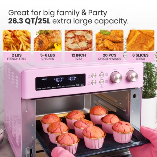 VAL CUCINA Retro Style Infrared Heating Air Fryer Toaster Oven, Extra Large Countertop Convection Oven 10-in-1 Combo, 6-Slice Toast, Enamel Baking Pan Easy Clean with Recipe Book, Classic Pink Color - Image 6