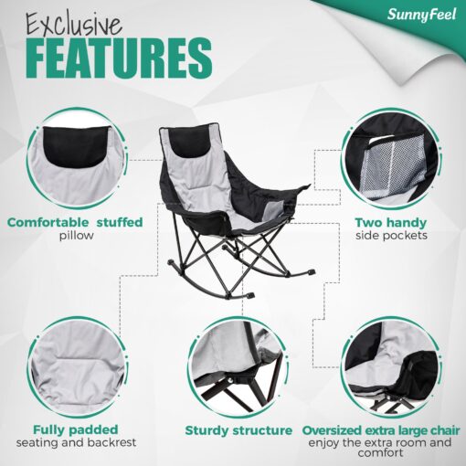 SUNNYFEEL Rocking Camping Chair, Luxury Padded Recliner, Oversized Folding Lawn Chair with Pocket, Heavy Duty for Outdoor/Picnic/Lounge/Patio, Portable Camp Rocker Chairs with Carry Bag - Image 3