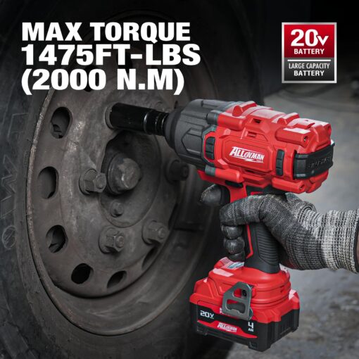 Alloyman Cordless Impact Wrench, 1475Ft-lbs (2000N.m) 1/2 High Torque Brushless Impact Gun, 20V Power Impact Driver, 4000mAh Battery,3 Sockets, Brushless Motor Variable Speeds for Car/Truck RV/Mower - Image 8