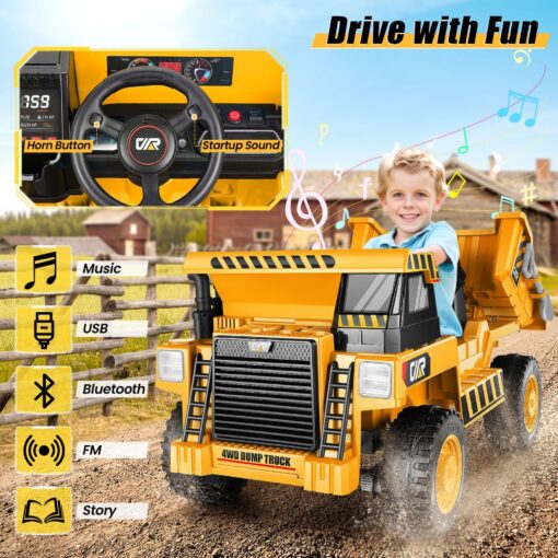 Hikole Ride on Dump Truck for Kids, Electric Cars with Remote Control, Dump Bed, Shovel, Bluetooth, Music Player, Ride on Construction Vehicles for Kids 4-8, Yellow - Image 4