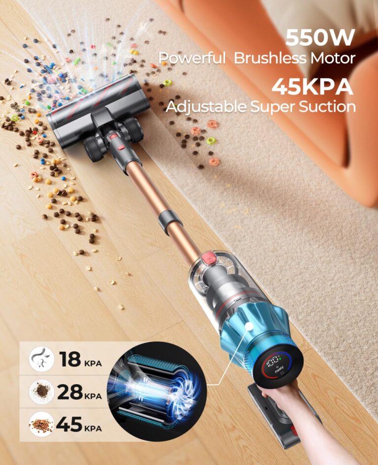 Cordless Vacuum Cleaner 550W/45Kpa, Stick Vacuum Cleaners 60 Mins Max Runtime with Charging Dock, Self-Standing Handheld Vacuum with Touch Display, 6-in-1 Vacuum Cleaner for Carpet/Hard Floor/Pet Hair - Image 7