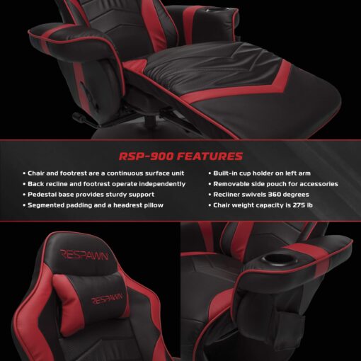 RESPAWN 900 Gaming Recliner - Video Games Console Recliner Chair, Computer Recliner, Adjustable Leg Rest and Recline, Recliner with Cupholder, Reclining Gaming Chair with Footrest - Red - Image 3