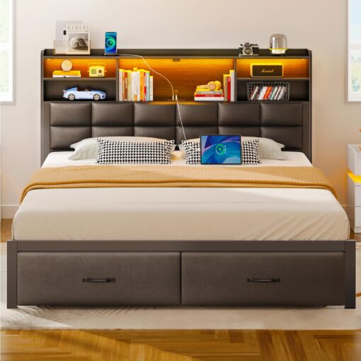 Rolanstar Bed Frame Full Size with Drawers and Charging Station, Upholstered Platform Bed with Storage Headboard and LED Light, Heavy Duty Metal Frame Support, No Box Spring Needed, Noise Free, Black - Image 7