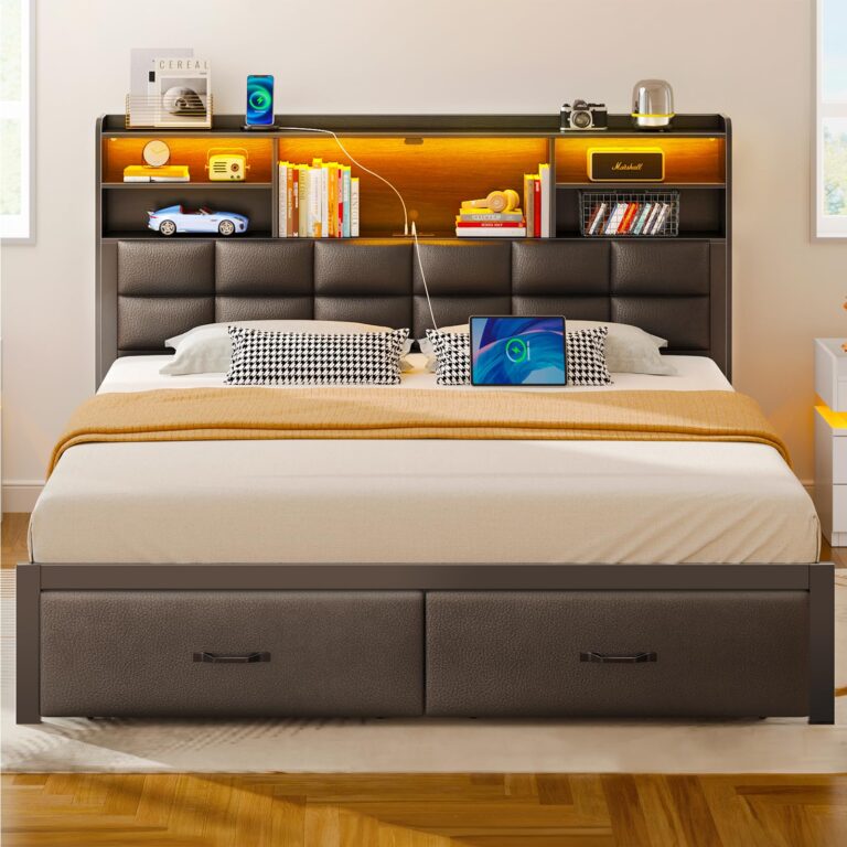 Rolanstar Bed Frame Full Size with Drawers and Charging Station, Upholstered Platform Bed with Storage Headboard and LED Light, Heavy Duty Metal Frame Support, No Box Spring Needed, Noise Free, Black - Image 7