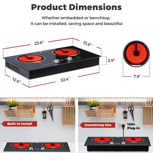 ADVWIN Electric Cooktop, 2 Burner Knob Control Plug in Built-in Ceramic Electric Stove Top with Child Safty Lock & Timer & Over-Temperature Protection & 10 Power Setting, 1800W, 110v (2 burners) - Image 2