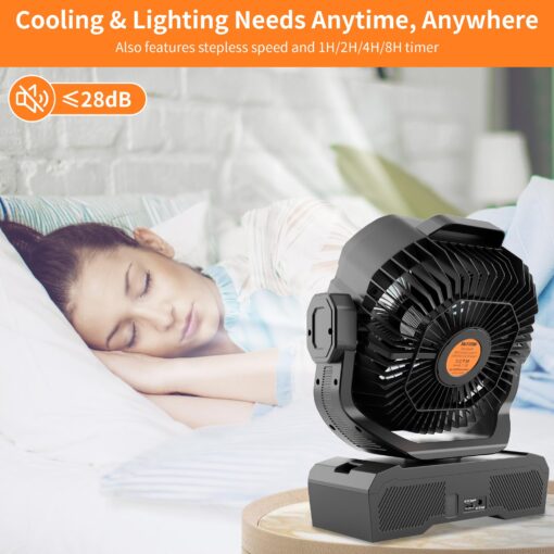 WESTTREE Battery Operated Large Airflow Fan,45000mAh Rechargeable Camping Cordless Fan with 360°Auto Oscillation & Timer, Queit Battery Powered Tent Fans Portable with RGBW Lights for Home X66 Black - Image 4