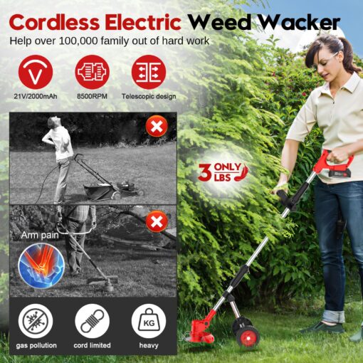 Electric Weed Wacker Cordless with Wheels, Weed Eater Battery Powered 2000mAh 21V, 3 in 1 Lightweight Grass Trimmer String Trimmer Brush Cutter Mower, Stringless Weed Trimmer Edger W/Blade 2 Battery - Image 8