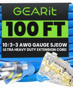 GEARit Outdoor 10 AWG Gauge 3 Prong Plug, Extension Cord, Triple Outlet Ultra Heavy Duty SJEOW, 10/3, for Indoor/Outdoor, LED Lighted Plug, Resistant Rubber Jacket, Extreme Weather, 100 Ft, Blue