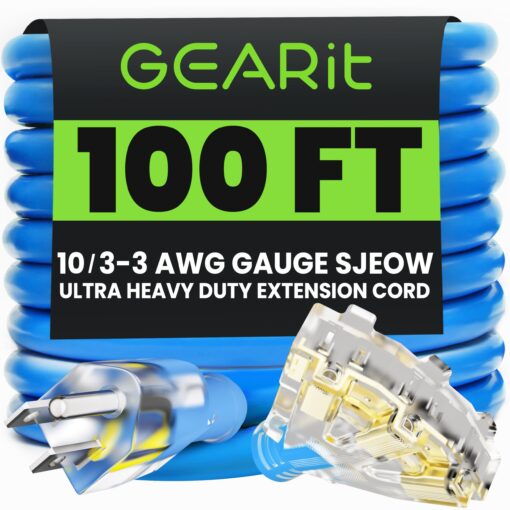 GEARit Outdoor 10 AWG Gauge 3 Prong Plug, Extension Cord, Triple Outlet Ultra Heavy Duty SJEOW, 10/3, for Indoor/Outdoor, LED Lighted Plug, Resistant Rubber Jacket, Extreme Weather, 100 Ft, Blue