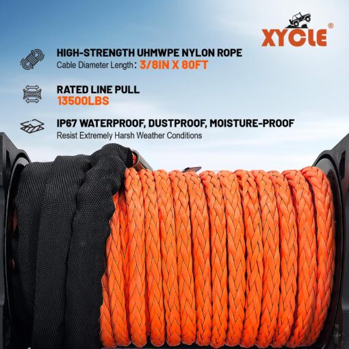 Winch 13500 lbs 12V Waterproof Electric Winch Synthetic Rope Electric Winch Towing Winch Boat Trailer Winch SUV 4-Wheel Drive Off-Road Vehicle with Remote Control 3/8 Synthetic Rope (Dark-Orange) - Image 4