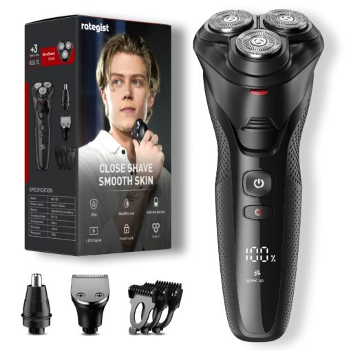 rategist Cordless Electric Razor for Men: 3-in-1 Shaver for Beard/Nose/Sideburns - IPX7 Waterproof Travel Kit - Turbo Speed & Precision Blades