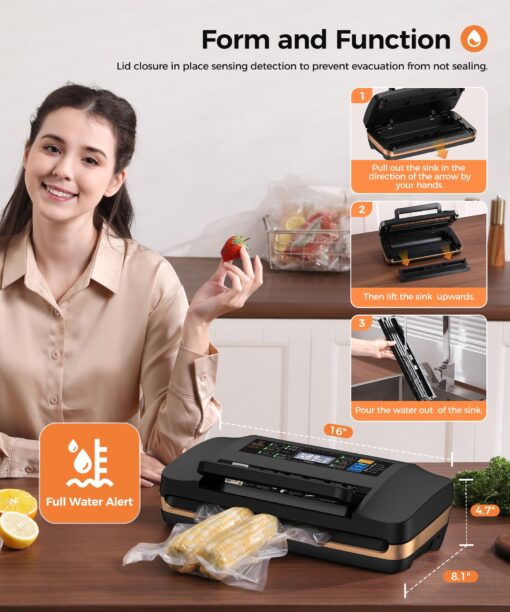 95kpa Vacuum Sealer Machine,Commercial Full Automatic Food Sealer,Powerful Sealing System with Double Heat Seal,Bags Storage, Easy-Lock Handle,Build-in Cutter,1 Bag Rolls and 10 pcs Pre-cut Bags - Image 4