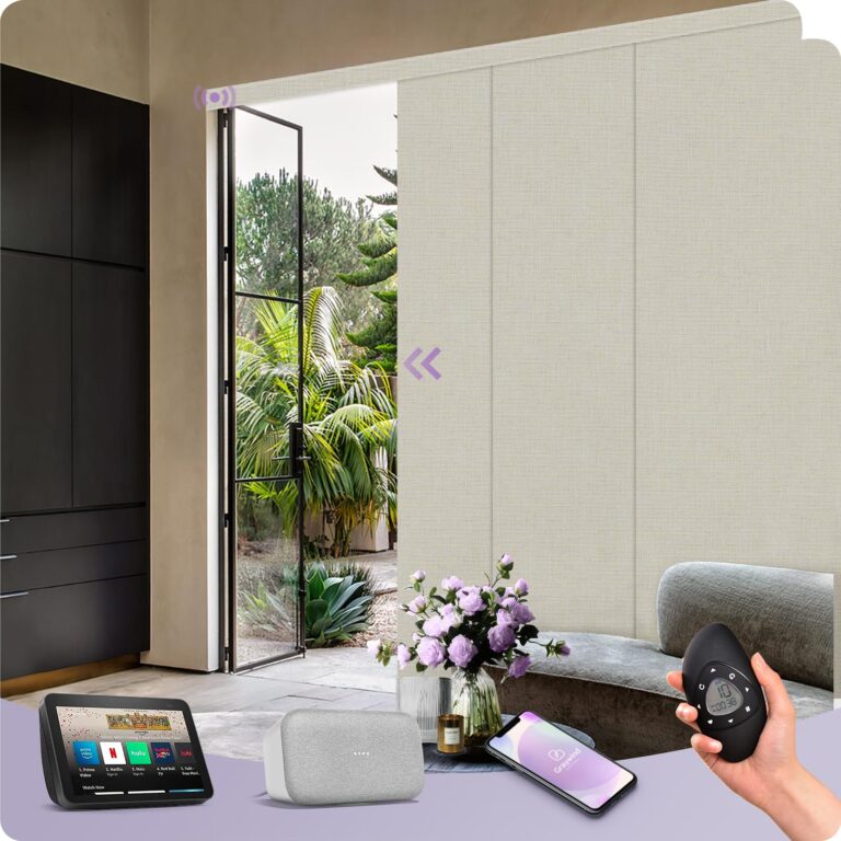Graywind Motorized Sliding Panels Blackout Compatible with Alexa Google Smart Panel Track Blinds Remote Shades for Patio Sliding Door, Custom Size (Beige White)