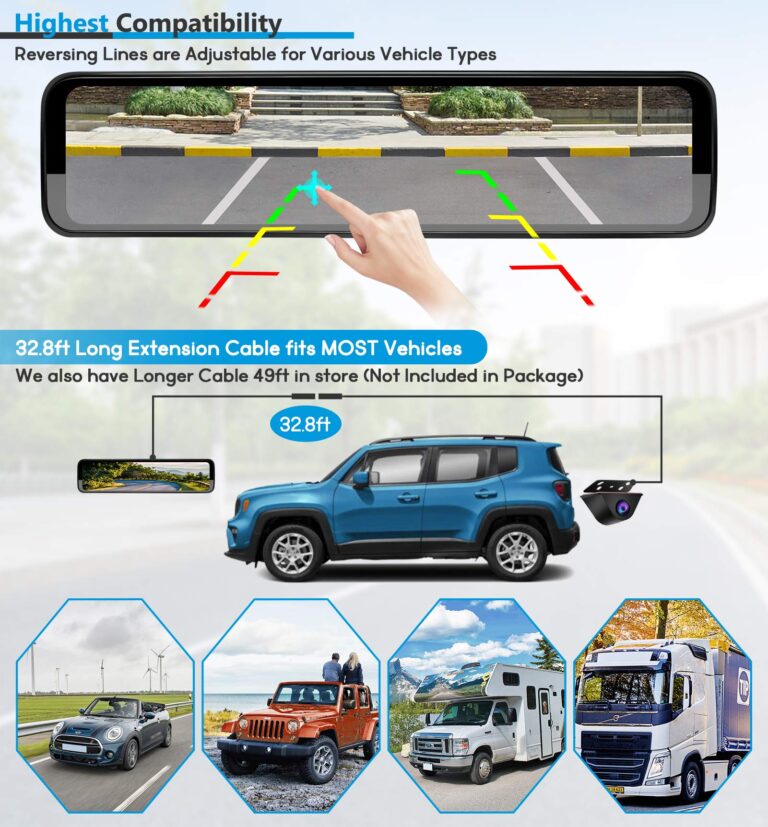 PORMIDO Triple Mirror Dash Cam 12" with Detached Front and in-Car Camera,Waterproof Backup Rear View Dashcam Anti Glare 1296P IPS Touch Screen with Sony Sensor,Starvis Night Vision,GPS,Parking Assist - Image 5