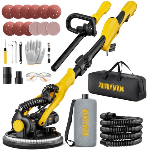 Drywall Sander, 1050W Electric Drywall Sander with Vacuum Dust Collection, 2100RPM Wall Sander with 7 Variable Speed, Foldable & Extendable Handle, Double-Deck LED Light, Dust Bag and Hose