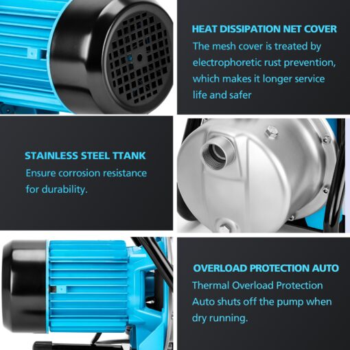 BOMGIE 1.5HP Water Transfer Pump,1200GPH Shallow Jet Well Pump,Extended 13FT Power Cord Portable Sprinkler Booster Pump,Irrigation Lawn Fountain Pool Draining Self Priming Transfer Pumps - Image 3