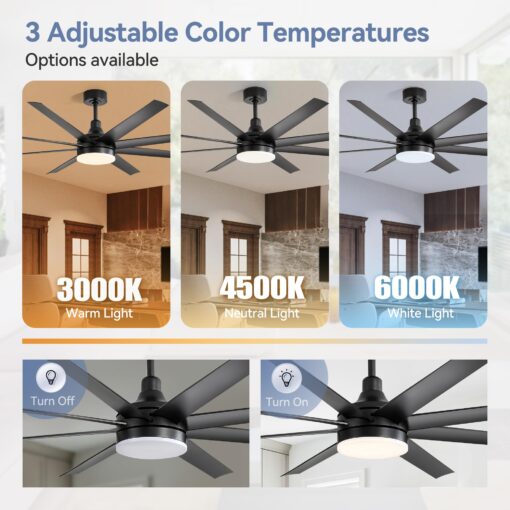 65 Inch Ceiling Fan with Light and Remote, 8-Blade, Reversible DC Motor, 6-Speed, Timer, Industrial Ceiling Fans with Led Light Chandelier for Bedroom Office (Black) - Image 7