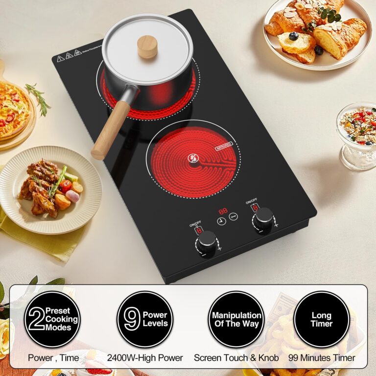 Electric Cooktop,110V 2400W Electric Stove Top with Knob Control, 11 Power Levels, Kids Lock & Timer, Hot Surface Indicator, Overheat Protection,Built-in and Countertop 2 Burner Electric Cooktop - Image 3