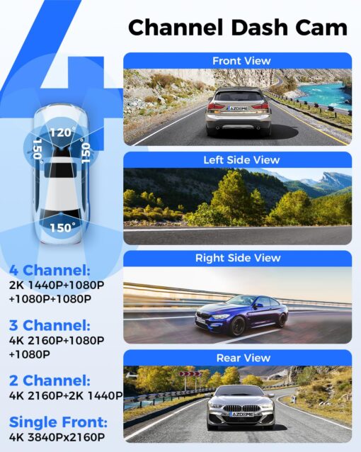AZDOME 360° 4 Channel Dash Cam with 4 Adjustable Lenses, 128GB eMMC, 2K+1080P*3 Dashcam Front and Rear Inside Left Right, 5G WiFi Dash Camera for Cars, IR Night Vision, Parking Mode, M660 - Image 8