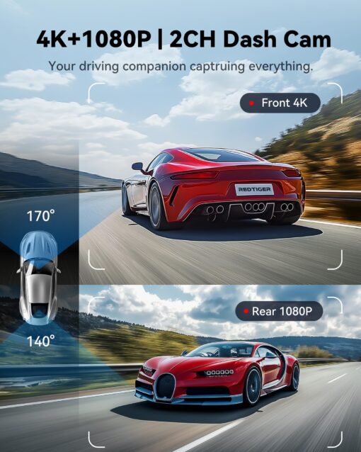 REDTIGER 4K Dash Cam Front Rear, 5.8GHz WiFi APP Control, Voice Control, Included 128GB Card, 3.18'' Touch Screen, Dash Camera for Cars with GPS, WDR Night Vision, 24H Parking Monitor(F7NX) - Image 7