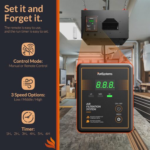 PURISYSTEMS 3-Speed Remote Air Filtration System, PuriCare 500 Hanging Air Filter w/RF Remote for Woodworking, Garage Air Purifier, Shop Dust Collector, up to 500 sq. ft(500 CFM) - Image 7