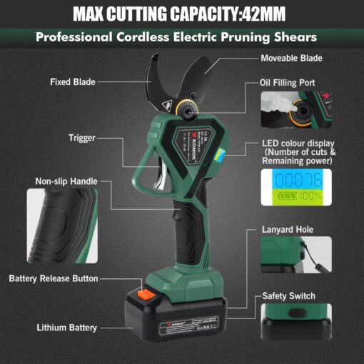 KOMOK Electric Pruning Shears, Professional Cordless Electric Pruners Battery Powered Tree Branch Cutter with 2 Rechargeable 2 Ah Lithium Batteries, 1.65" (42mm) Cutting Diameter 8-10 Working Hours - Image 3