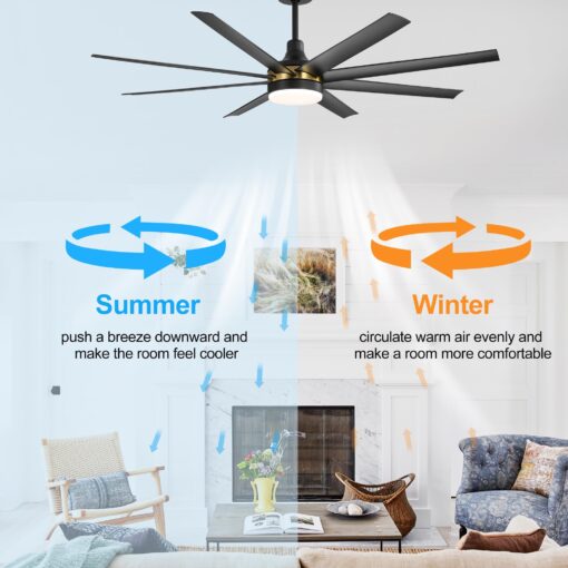 Breezary 65 Inch Ceiling Fan with Light and Remote, 8-Blade, Reversible DC Motor, 6-Speed, Timer, Industrial Ceiling Fans with Led Light Chandelier for Bedroom Office (Black & Gold + 8 Black Blade) - Image 8