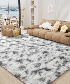 LOCHAS Ultra Soft Indoor Modern Area Rugs 9x12, Fluffy Living Room Carpets for Children Bedroom Home Decor Nursery Rug, Tie-Dyed Grey & White