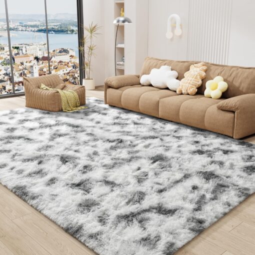 LOCHAS Ultra Soft Indoor Modern Area Rugs 9x12, Fluffy Living Room Carpets for Children Bedroom Home Decor Nursery Rug, Tie-Dyed Grey & White