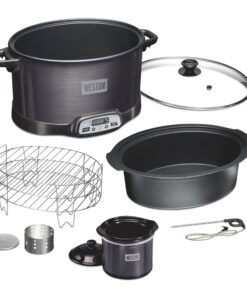 WESTON 2-in-1 Programmable Slow Cooker & Electric Indoor Smoker, 6 Quart, 3-Tier Smoking Rack for Meat, Cheese and More, Dishwasher Safe Crock, Temperature Probe, Includes 16 oz. Party Dipper, Black