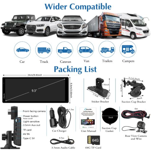 2025 Carpuride W903 Wireless Carplay & Android Auto with Dash Cam - 9.3" HD IPS Touch Car Play Screen for Car, 4K Front & 1080P Rear Camera, Loop Recording, Bluetooth Audio, Mirror Link, GPS, Siri - Image 4