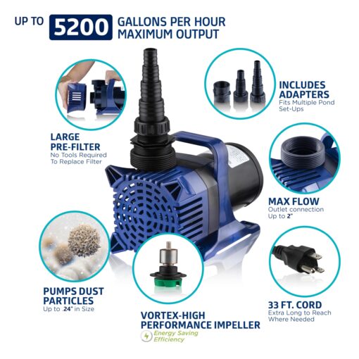 Alpine Corporation - 5200 GPH Submersible Water Pump with 33 FT Cord & Adapters for Ponds, Fountains, Waterfalls – Energy-Efficient, Quiet Operation, Vertical/Horizontal Use, 426 Watts, 25 FT Lift - Image 13