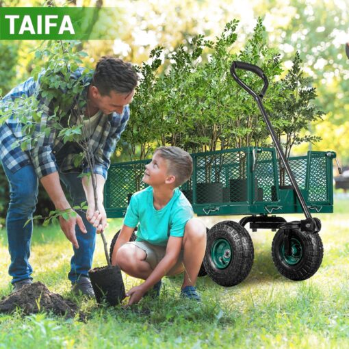 TAIFA Heavy Duty Steel Garden Cart 880 Lbs Capacity with Removable Sides for Yard Lawn and Farm, Metal Utility Wagon with 180° Rotating Handle, Green - Image 2