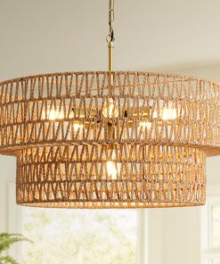 23.6" Boho Rattan Chandelier, 6-Light Large Rattan Pendant Light with 2-Tier Wicker Shade, Bohemian Farmhouse Ceiling Light Fixture Chandelier for Dining Room, Living Room, Bedroom, Kitchen Island