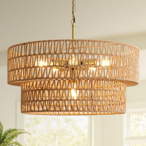 23.6" Boho Rattan Chandelier, 6-Light Large Rattan Pendant Light with 2-Tier Wicker Shade, Bohemian Farmhouse Ceiling Light Fixture Chandelier for Dining Room, Living Room, Bedroom, Kitchen Island