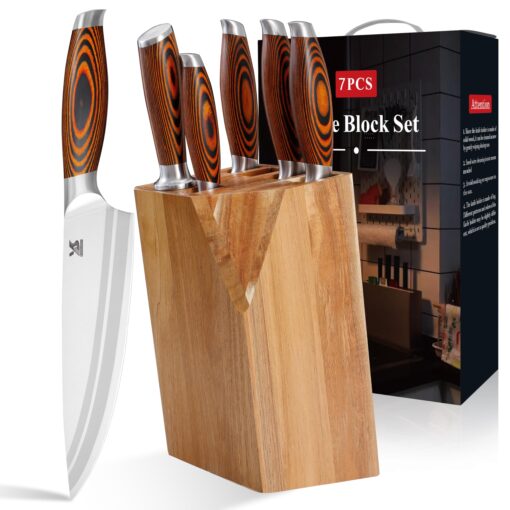 MSY BIGSUNNY 7pcs Knife Block Set, German Steel Chef Knife Set, Precious Pakkawood Handle for Kitchen Knife Block Set