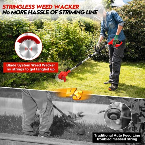 Electric Weed Wacker Cordless with Wheels, Weed Eater Battery Powered 2000mAh 21V, 3 in 1 Lightweight Grass Trimmer String Trimmer Brush Cutter Mower, Stringless Weed Trimmer Edger W/Blade 2 Battery - Image 9
