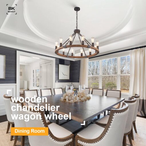 Benkut Farmhouse Wagon Wheel Chandelier 31" Black Rustic Light Fixtures 12-Light Wood Round Chandelier for Dining Room Living Room Entryway Foyer - Image 5