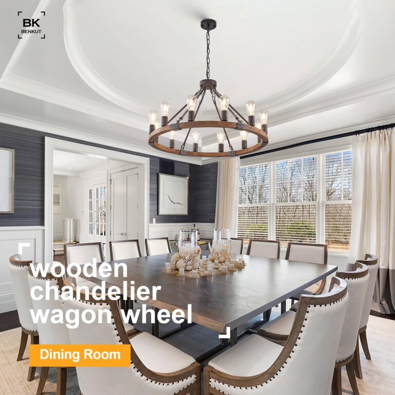 Benkut Farmhouse Wagon Wheel Chandelier 31" Black Rustic Light Fixtures 12-Light Wood Round Chandelier for Dining Room Living Room Entryway Foyer - Image 5