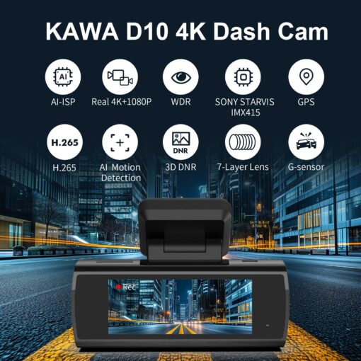 KAWA 4K Dash Cam Front Rear, AI-ISP Night Vision, Free 64GB Card, 4K+1080P Dual WiFi Dash Camera for Cars with Sony STARVIS, GPS and Speed Dashcam, 3.16” IPS Screen, G-Sensor, AI 24H Motion Detection - Image 8